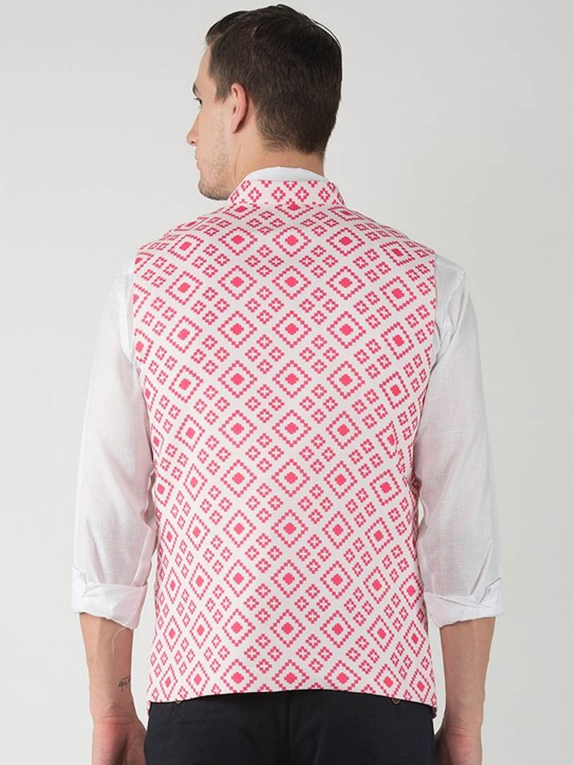 Men's Off White 
Cotton Blend
 Printed Nehru Jackets